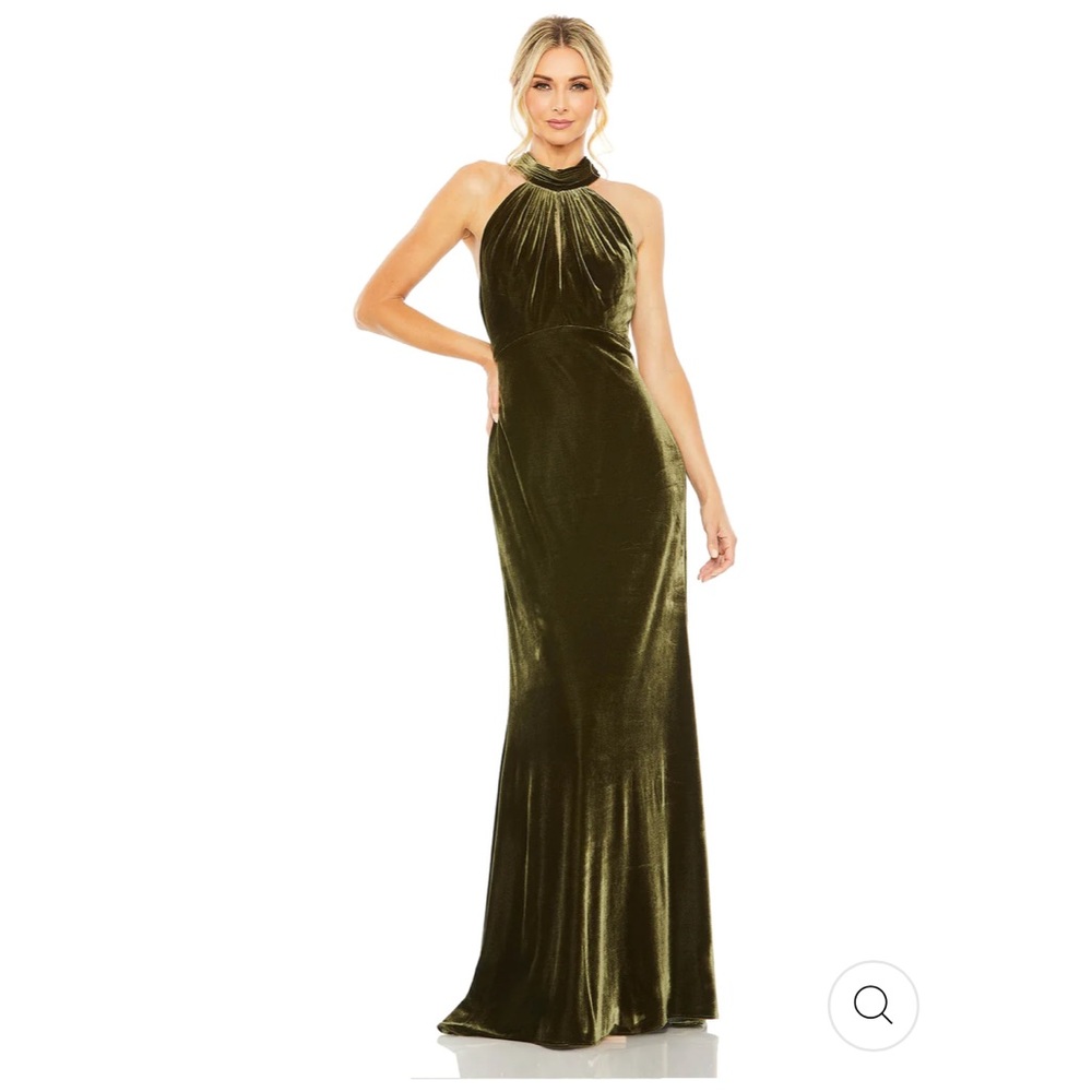 Olive green Mac Duggal velvet gown with halter neckline